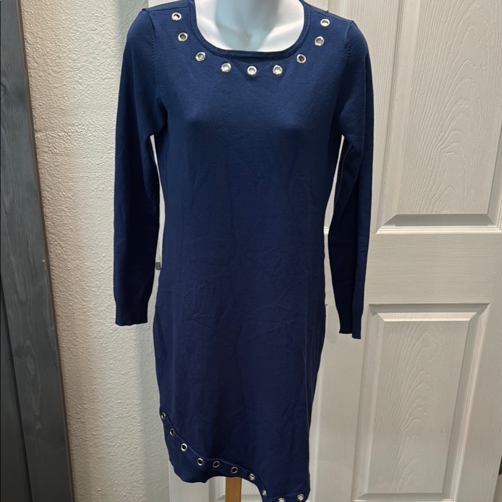 NY Collection Blue and White Asymmetrical Embellished Sweater Dress